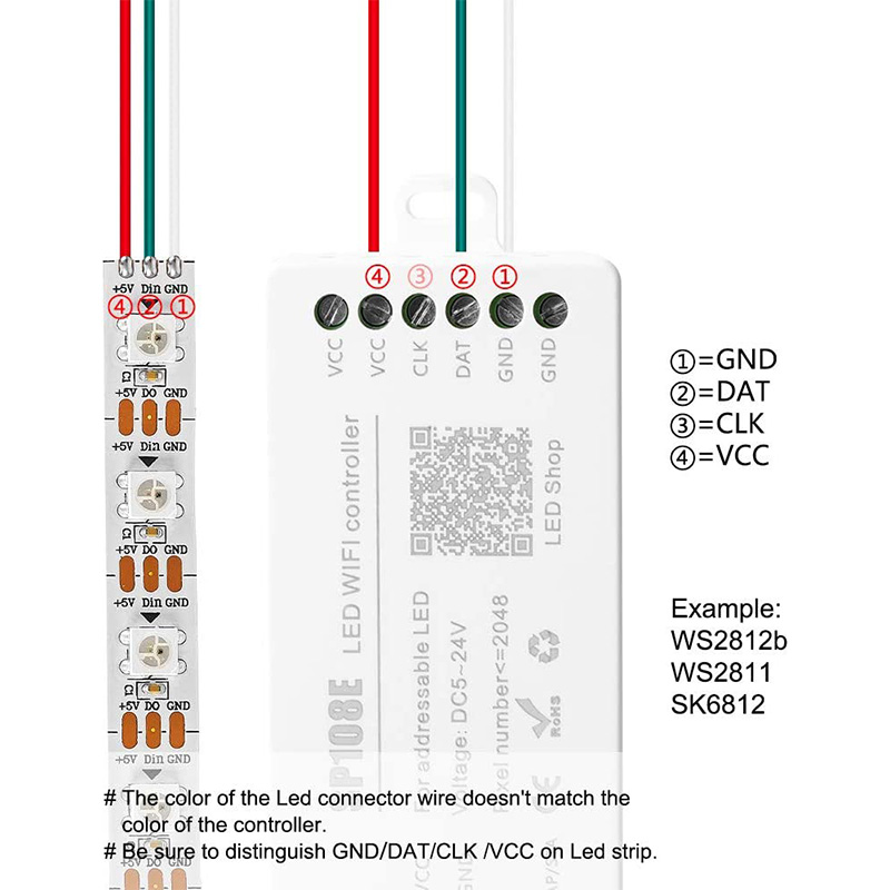 DC5-24V SP108E WiFi LED Addressable RGB SPI Pixel Controller, DIY Modes, For Programmable LED Strip